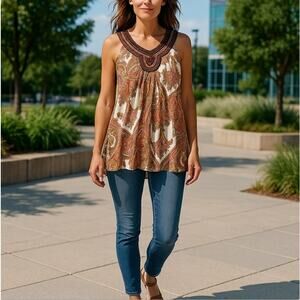 Studio Y Boho Beaded Sequined Sleeveless Blouse Size L